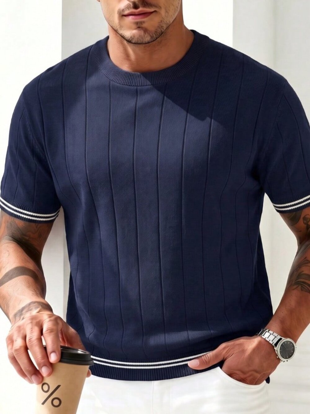 Navy Blue Men's Ribbed Crew Neck Loose Fit Thin Knit Short Sleeve Sweater